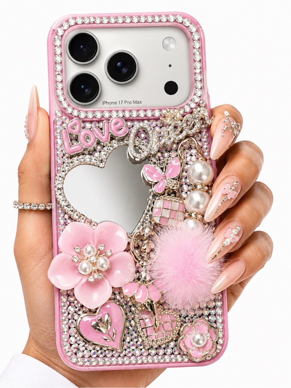 Pink Decorative Rhinestone iPhone Case with Mirror - features a ballerina